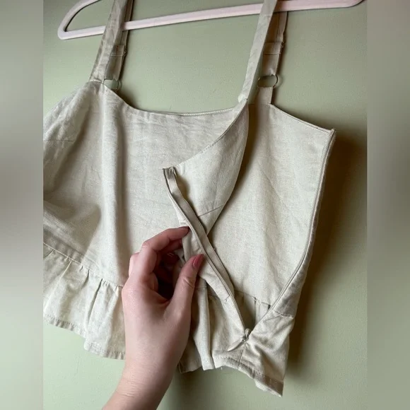 Linen Tank Ruffle Tan Beige Zip Up Side Adjustable Strap - Picture 5 of 8
